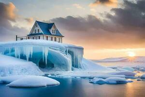 a house sits on top of an iceberg in the middle of the ocean. AI-Generated photo