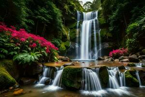 hermosa cascada en el selva con rosado flores generado por ai foto