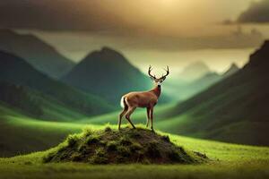 the deer is standing on the hill in the middle of the green field. AI-Generated photo