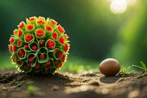 a flower ball and an egg on the ground. AI-Generated photo