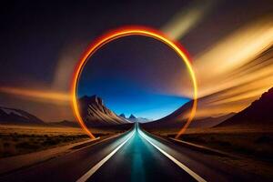 a road with a circular light in the middle. AI-Generated photo