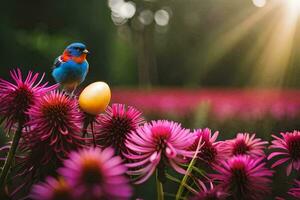 photo wallpaper flowers, the sun, bird, spring, the bird, the bird, the bird. AI-Generated