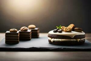 a chocolate cake with cream and nuts on a black slate. AI-Generated photo