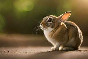 a small rabbit sitting on the ground. AI-Generated photo