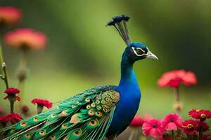 a peacock is standing in a field of flowers. AI-Generated photo