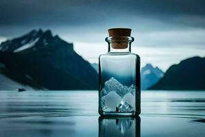 a bottle filled with ice in the middle of a lake. AI-Generated photo