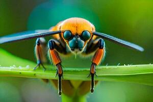 un cerca arriba de un abeja con naranja ojos. generado por ai foto