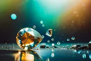 a diamond is floating in water with bubbles. AI-Generated photo