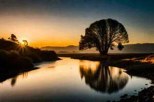 el Dom sube terminado un río y un árbol. generado por ai foto