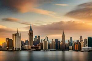 the manhattan skyline at sunset. AI-Generated photo