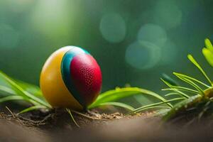 un Pascua de Resurrección huevo es sentado en el césped. generado por ai foto