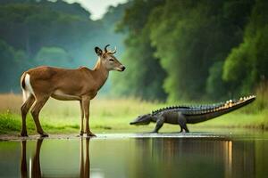 a deer and crocodile standing next to each other in a river. AI-Generated photo