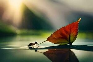 a leaf and a bug on the water. AI-Generated photo