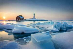 photo wallpaper the sky, ice, lighthouse, house, lighthouse, the sun, lighthouse, the. AI-Generated