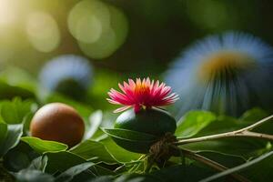 a flower and an egg on a green leaf. AI-Generated photo