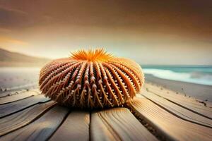 a sea starfish sits on a wooden board. AI-Generated photo