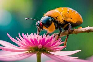 a bug is sitting on a pink flower. AI-Generated photo