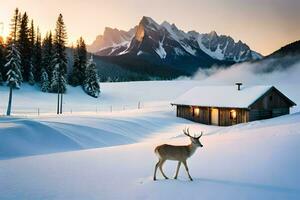 a deer stands in the snow near a cabin. AI-Generated photo