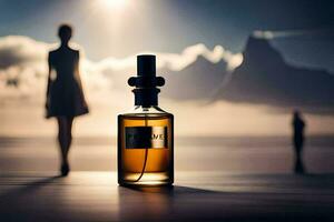 a bottle of perfume sitting on a table with a woman in the background. AI-Generated photo