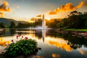a beautiful sunset over a lake with a fountain. AI-Generated photo