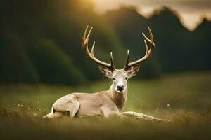 a deer with large antlers laying in the grass. AI-Generated photo