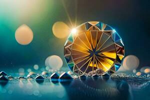 a diamond is shown on a table with water droplets. AI-Generated photo