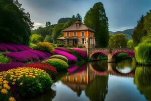 a house surrounded by colorful flowers and a bridge. AI-Generated photo