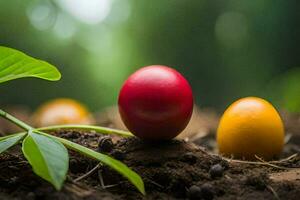 three red and yellow eggs are sitting on the ground. AI-Generated photo