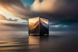 a cube shaped tv sitting on the water with clouds in the background. AI-Generated photo