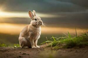 a rabbit sitting on the ground at sunset. AI-Generated photo