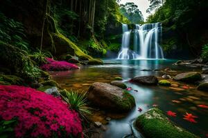 waterfall in the jungle with pink flowers. AI-Generated photo