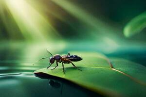 a small insect sitting on a leaf in the water. AI-Generated photo