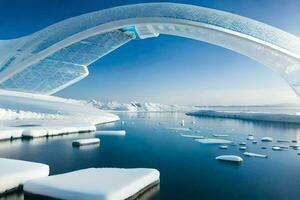 un puente hecho de hielo flotadores terminado agua. generado por ai foto