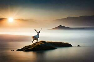 un ciervo soportes en un rock en el medio de un lago a amanecer. generado por ai foto