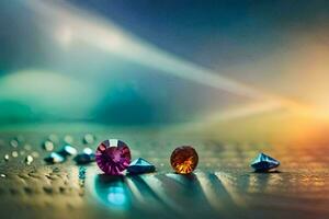 colorful gems on a table with a blurry background. AI-Generated photo