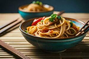 chinese noodles in a bowl with chopsticks. AI-Generated photo