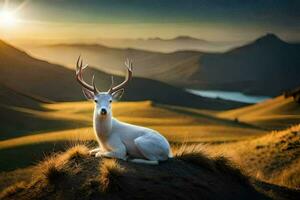 a white deer is sitting on a hill with the sun setting behind it. AI-Generated photo