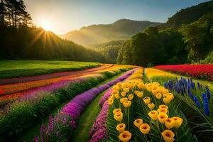 a field of colorful flowers at sunset. AI-Generated photo