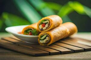 a plate with two spring rolls on it. AI-Generated photo