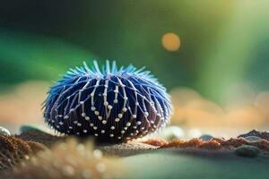 a blue sea urchin on the beach. AI-Generated photo