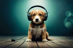 a puppy wearing headphones sits on a wooden floor. AI-Generated photo