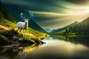 a deer stands on the edge of a lake in the mountains. AI-Generated photo