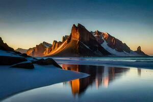 el montañas son reflejado en el agua a puesta de sol. generado por ai foto