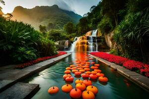 orange balls float in a pool surrounded by waterfalls. AI-Generated photo