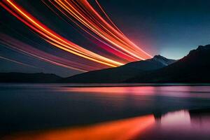 un montaña rango y lago a noche con ligero caminos. generado por ai foto