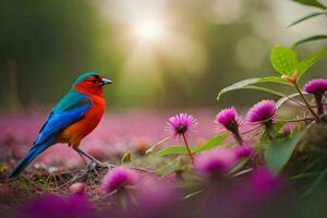 a colorful bird is standing on a flowery field. AI-Generated photo