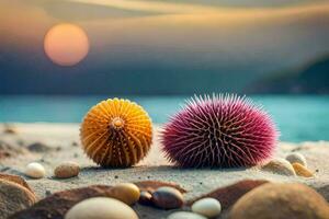 two colorful sea urchins on the beach with rocks. AI-Generated photo