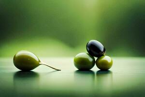 three green olives on a table with a green background. AI-Generated photo