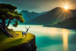 a deer stands on the edge of a lake with the sun setting behind it. AI-Generated photo