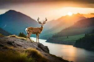 a deer stands on a cliff overlooking a lake. AI-Generated photo